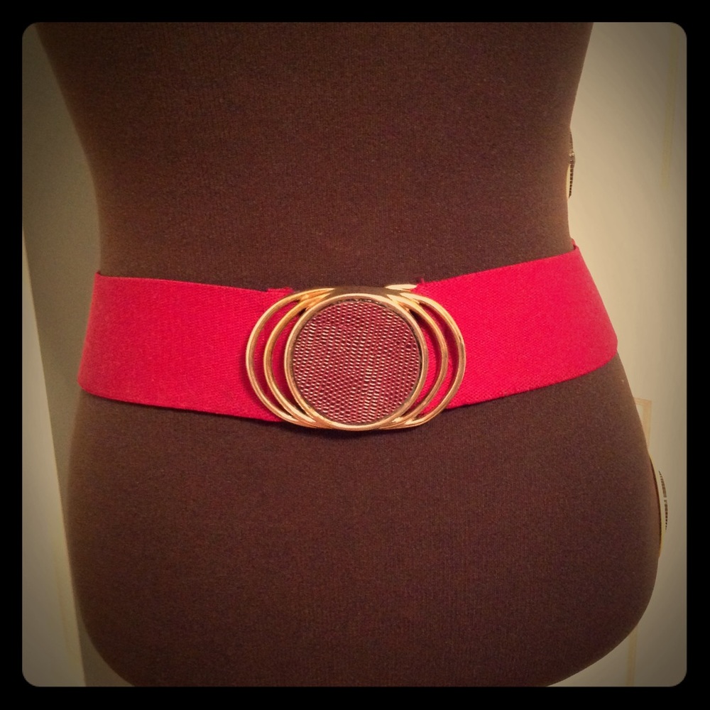 Vintage Red Elastic Belt with Gold Tone buckle
